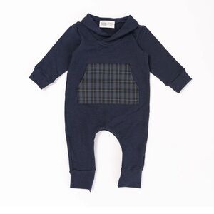 Thimble Collection Shawl Collar Navy and Plaid Romper - Size 0-3 Months